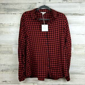 Beach Lunch Lounge womens large black red plaid long sleeve top blouse new